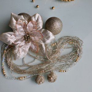 Elegant Silvery Crystal Gold Glass Pearl Beaded Strands Necklace Earrings SET